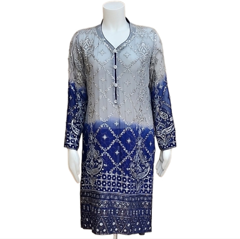 BOLLYWOOD Kurti Silk Dress Tunic L Embroidered DUBAI Custom Wedding Top Y2K - Picture 3 of 16